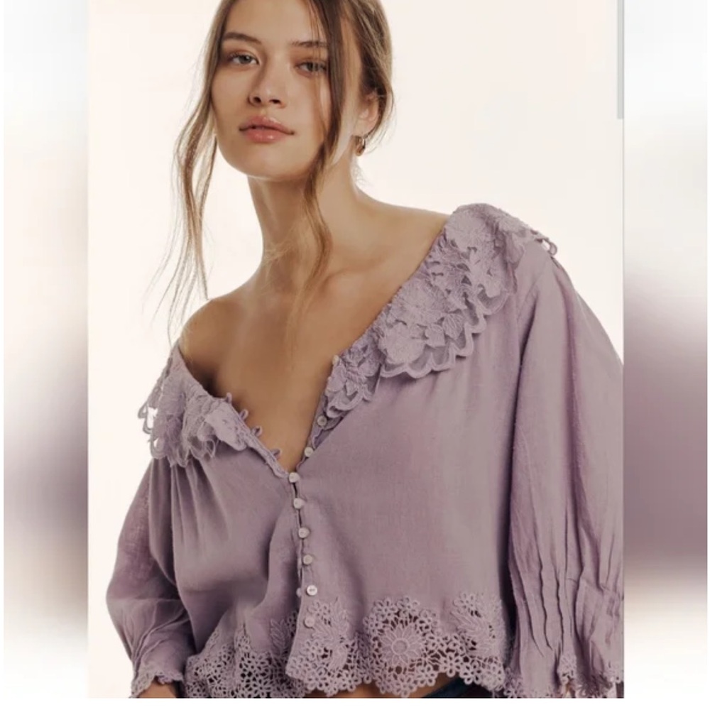 Anthropologie Lavender Linen and Lace Blouse